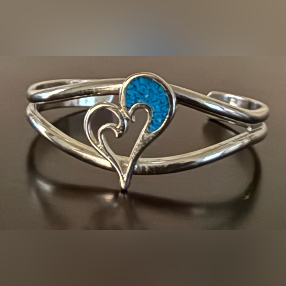Vintage Sterling Silver Turquoise Inlay Heart Cuff Bracelet - Picture 2 of 7